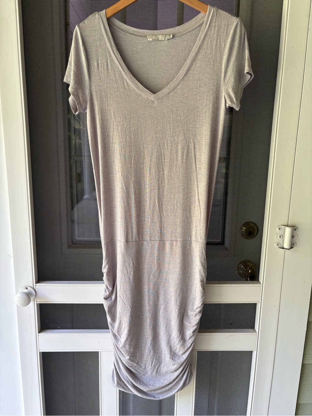 Prana Light Grey V-Neck Midi Rouched Dress, Lenzing Modal